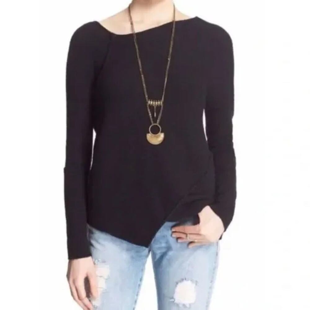 Free People Asymmetric Neckline Black Sweater Wool Blend Pullover Size S